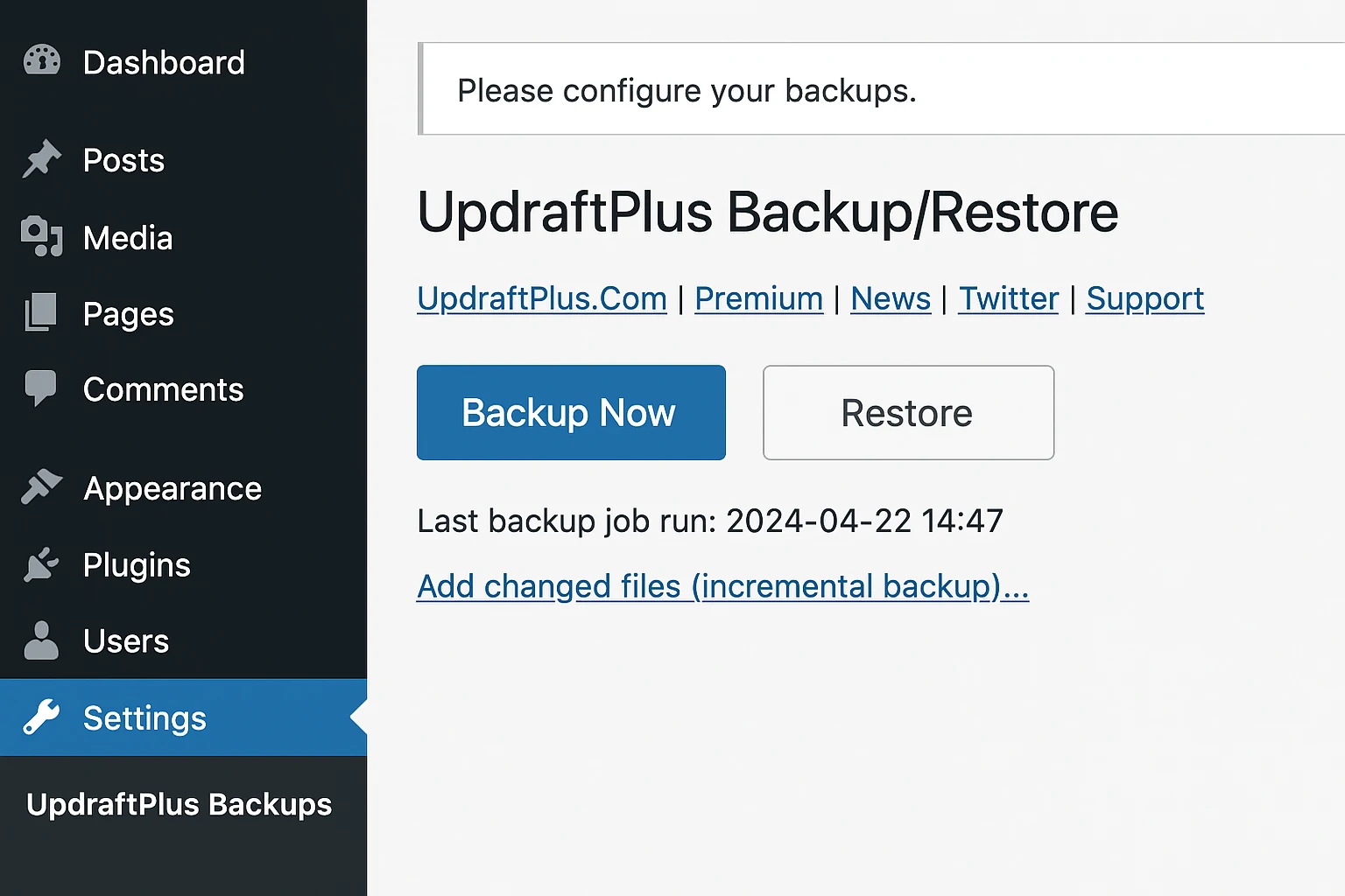 WordPress dashboard showing active backup plugin