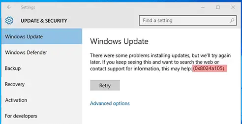 windows update error 0x8024a105