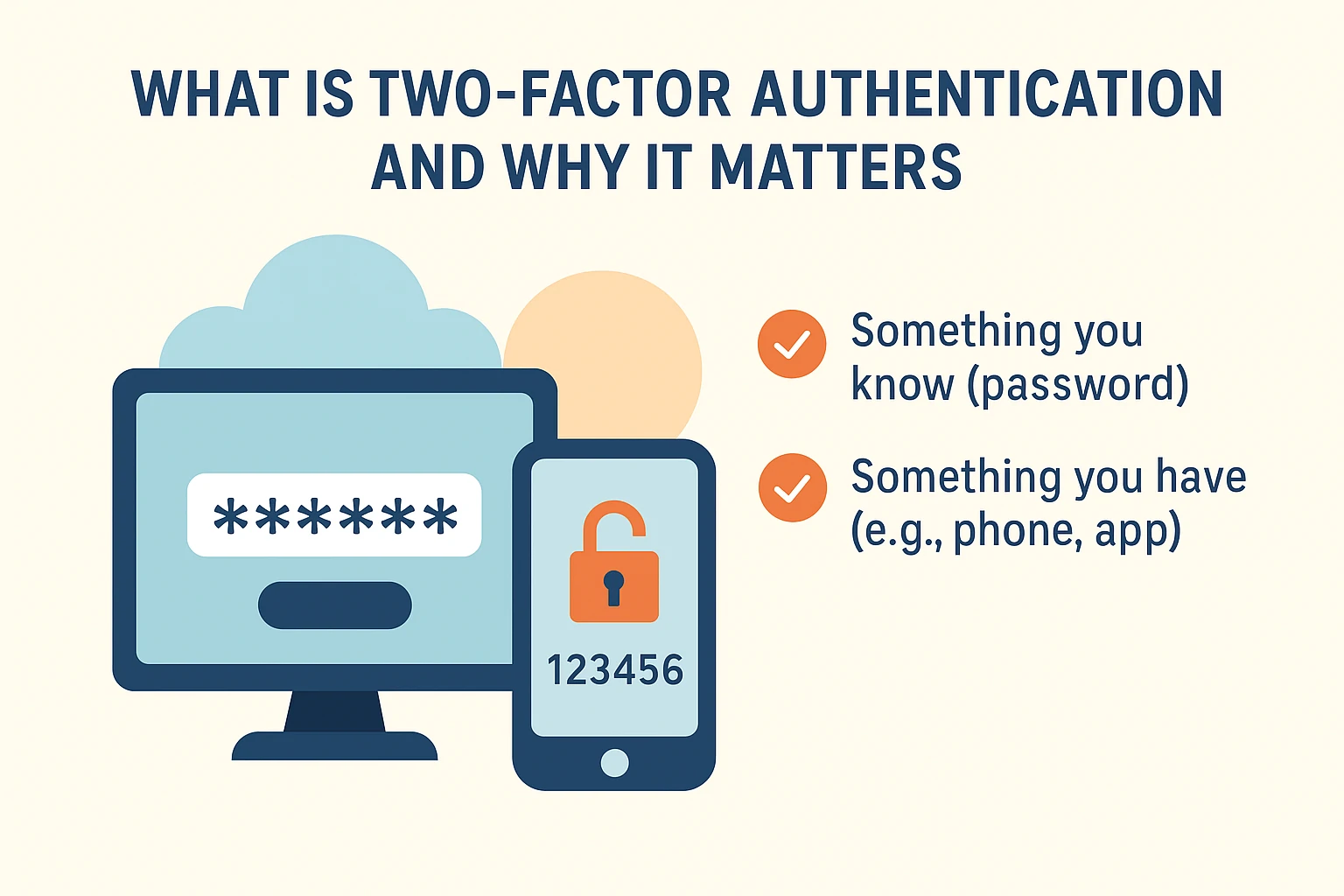 Flat illustration showing smartphone with verification code and shield icon beside computer login screen