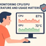 Flat illustration of a person monitoring CPU and GPU temperatures on a computer screen.